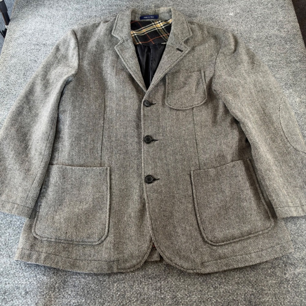 Alan Flusser Sport Coat Mens 44R Herringbone Wool Blend 3-Button Blazer Gray